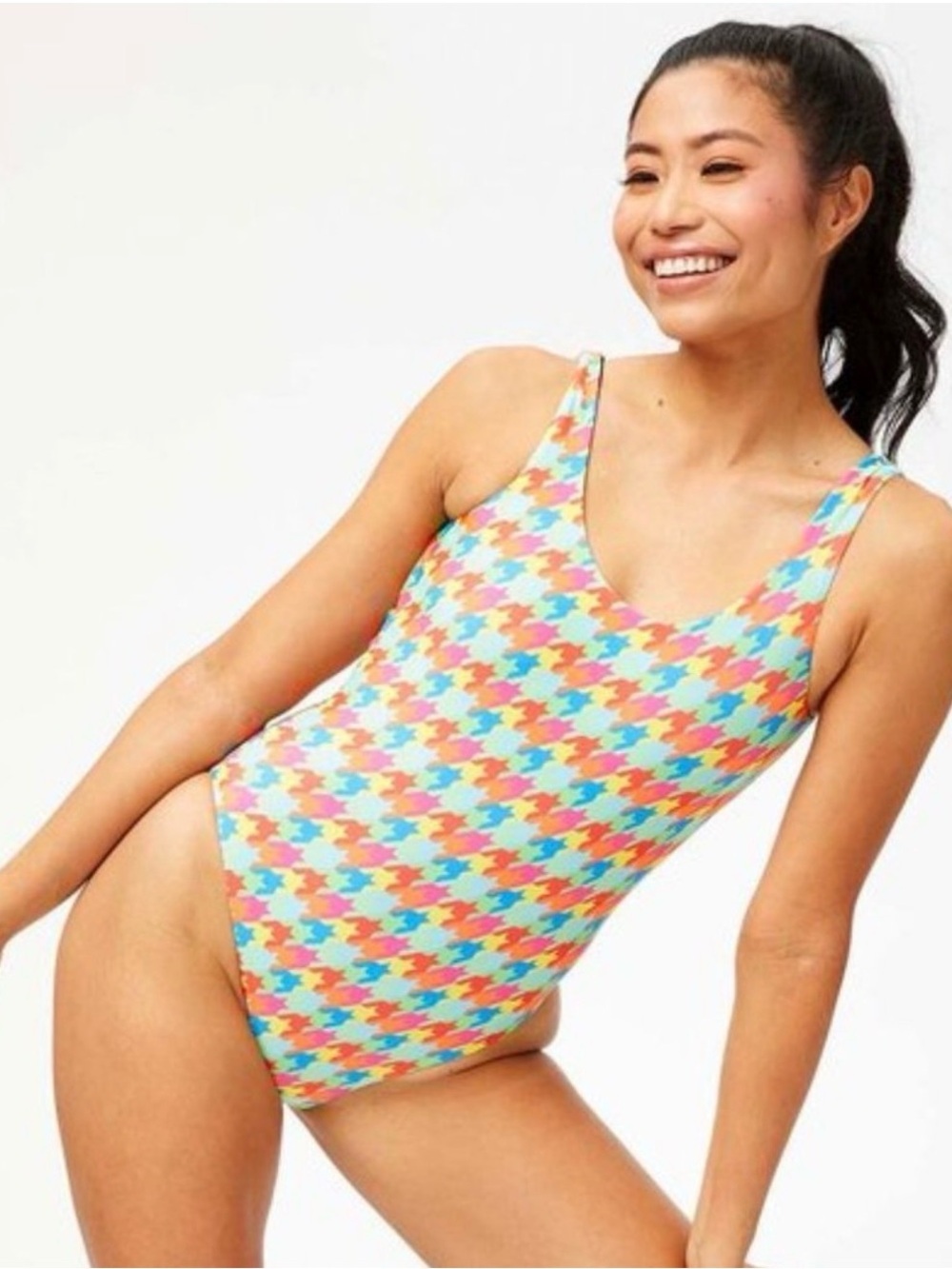 Terez Rainbow Women's Houndstooth One-piece Swim Wear, L Large